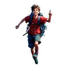  a boy running with a backpack on a transparent background