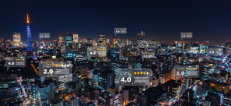 online communication concept, social network with speech bubbles with customer review on blue cityscape background.