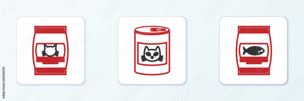 Sticker set line bag of food for cat, and canned icon. vector