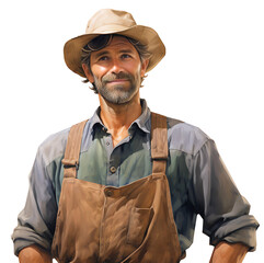 Fototapeta premium Cheerful smiling farmer in a hat close-up. The man works on the farm. Isolated on a transparent background.