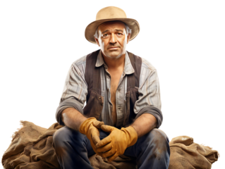 An adult farmer in a hat and work gloves sits on cloth bags after a day's work. Harvesting on the farm. Isolated on a transparent background.