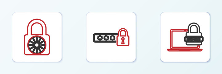 Set line Laptop with password, Safe combination lock wheel and Password protection icon. Vector