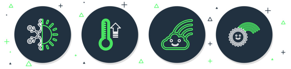 Set line Meteorology thermometer, Rainbow with cloud, Sun and snowflake and sun icon. Vector