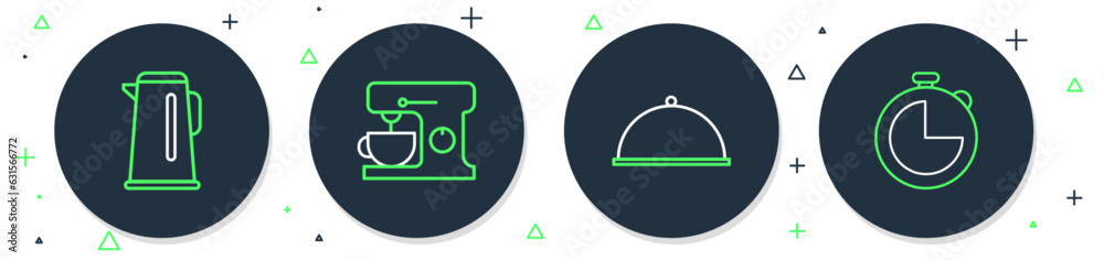 Poster Set line Electric mixer, Covered with tray, Kettle handle and Kitchen timer icon. Vector