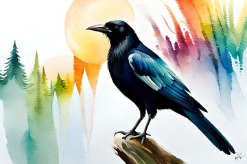 Multicolor splash art image of a crow on white background