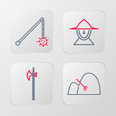 Set line Bale of hay and rake, Medieval halberd, iron helmet and chained mace ball icon. Vector