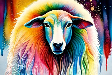 colorful splash painting of a sheep closeup