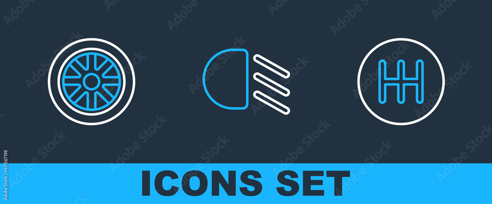 Poster set line gear shifter, car wheel and high beam icon. vector