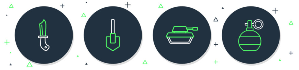 Set line Shovel, Military tank, knife and Hand grenade icon. Vector