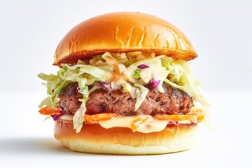 Beef Patty Burger with Mozzarella Sauce, coleslaw, beef patty, brioche bun without sesame