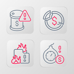 Set line Money bomb dollar crisis, Fire in burning house, Dollar rate decrease and Drop crude oil price icon. Vector