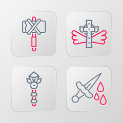 Set line Sword with blood, Magic wand, Christian cross and Medieval axe icon. Vector