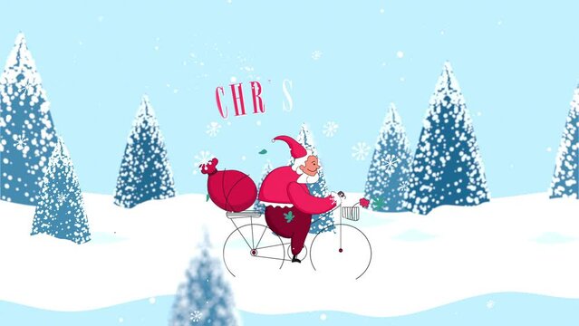 Merry Christmas concept. Happy Christmas companions. Santa Claus rides bicycle. Particular text. Motion graphics.