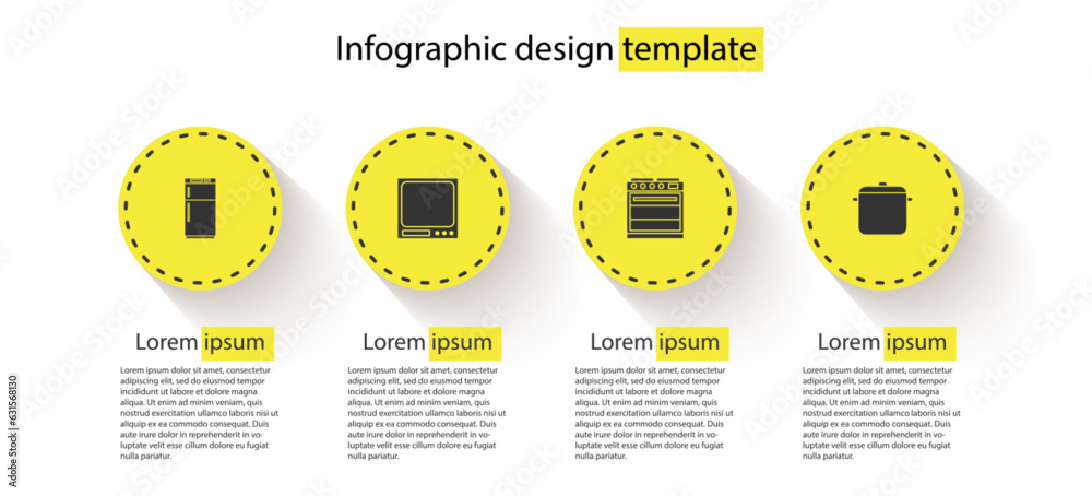 Sticker set refrigerator, electronic scales, oven and cooking pot. business infographic template. vector