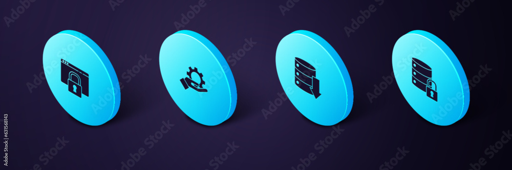 Poster set isometric server security with lock, server, data, web hosting, hand settings gear and secure yo