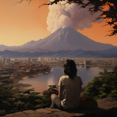 person sitting on the top of a mountain