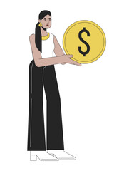 Attractive latina woman holding golden coin flat line color vector character. Editable outline full body person saving money on white. Simple cartoon spot illustration for web graphic design