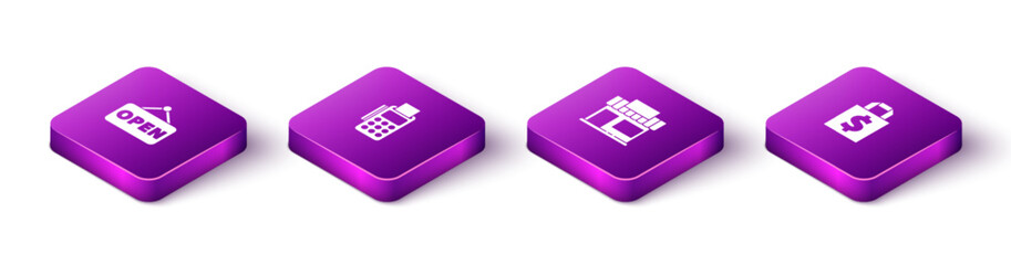 Set Isometric Hanging sign with Open, POS terminal credit card, Shopping building or market store and Shoping bag and dollar icon. Vector