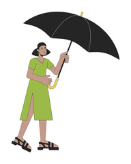 Cute woman holding opened umbrella flat line color vector character. Editable outline full body person covers from bad weather on white. Simple cartoon spot illustration for web graphic design