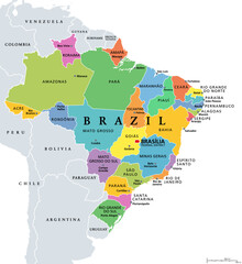 States of Brazil, political map. Differently colored federative units, with their borders and capitals. Subnational entities with certain degree of autonomy, forming the Federative Republic of Brazil. - 631568539