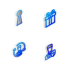 Set Isometric line Gift box, Keyhole, Human resources and User protection icon. Vector
