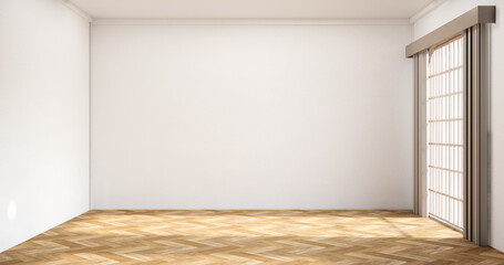 Modern japan style empty room decorated with white slat wall.