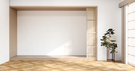 Modern japan style empty room decorated with white slat wall.