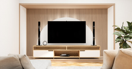 Tv cabinet in modern empty room wall shelf design hidden light Japanese - zen style,minimal designs.