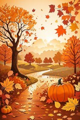 Naklejka na ściany i meble Autumn landscape with pumpkins. Background illustration with pumpkins and leaves.