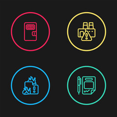 Set line Fire in burning house, Contract money and pen, Shutdown of factory and Prison cell door icon. Vector