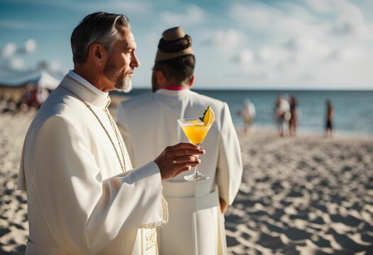 Generative AI image of a priest holding a cocktail at the beach.