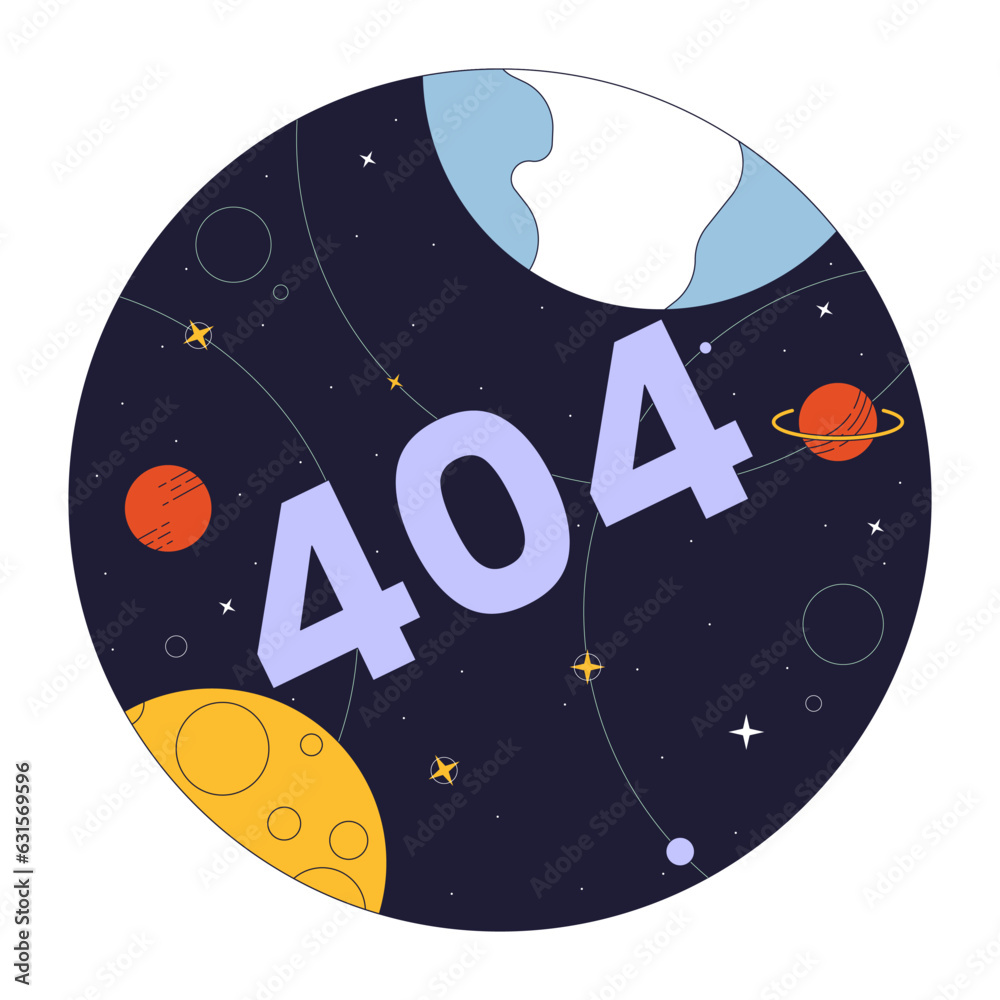 Poster universe with planets error 404 flash message. celestial body. empty state ui design. page not found