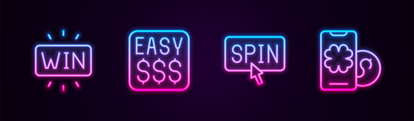Set line Casino win, Money prize casino, Slot machine spin button and Online poker table game. Glowing neon icon. Vector