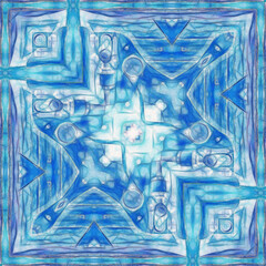 ethnic and tribal intricate shade of blue and turquoise n a white background in a  square composition for a ceramic tile