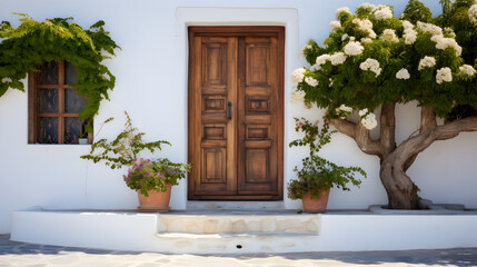 Fototapeta na wymiar house with white walls and wooden door, in the style Generative AI