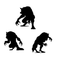 Black silhouette of a werewolf. vector pack of werewolf illustrations. icon set of a wolf. graphic element for Halloween design.