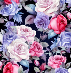 Watercolor floral pattern with purple, pink roses and lilac, in the style of light beige and dark azure.