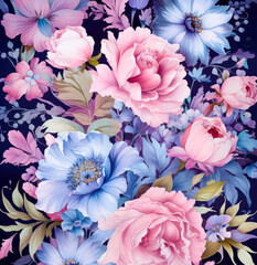 Watercolor floral pattern with purple, pink roses and lilac, in the style of light beige and dark azure.