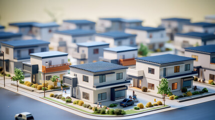 Fototapeta na wymiar Toy Town. Miniature models of realistic houses, blurred background, wallpaper with toy apartment complex, many houses. 3d render style.