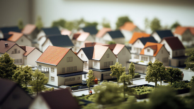 Toy Town. Miniature models of realistic houses, blurred background, wallpaper with toy apartment complex, many houses. 3d render style.