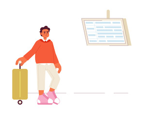 Hispanic traveler with suitcase semi flat color vector character. Editable full body person looking on display with timetable on white. Simple cartoon spot illustration for web graphic design