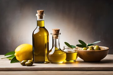 bottle of oil and olives with lemons