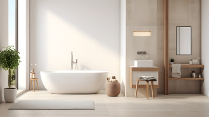 Obraz na płótnie Canvas white bathroom Toilet and bath on the side, modern flooring Generative AI