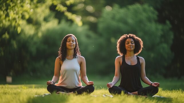 People meditating in a park, Caucasian and african american woman two friend relax
