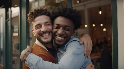 Fototapeta premium Best friend embracing each other in city