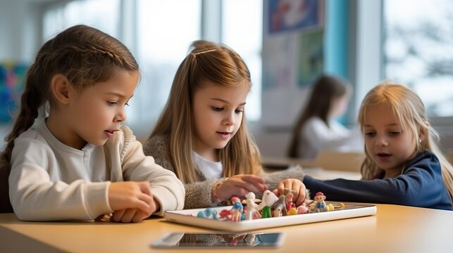 Children play tablet on desk, kid activity