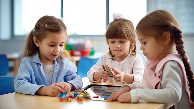 Children play tablet on desk, kid activity