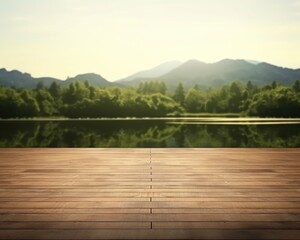 Exuberant image of empty wooden table amidst Norwegian landscape. (Generative AI)