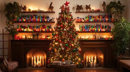 Christmas tree with candles in house