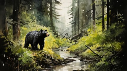 A black bear strolling amidst lush green plants in a forest. (Generative AI)